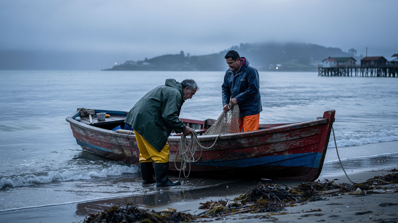 Fishermen preparing a wooden boat in Chiloé