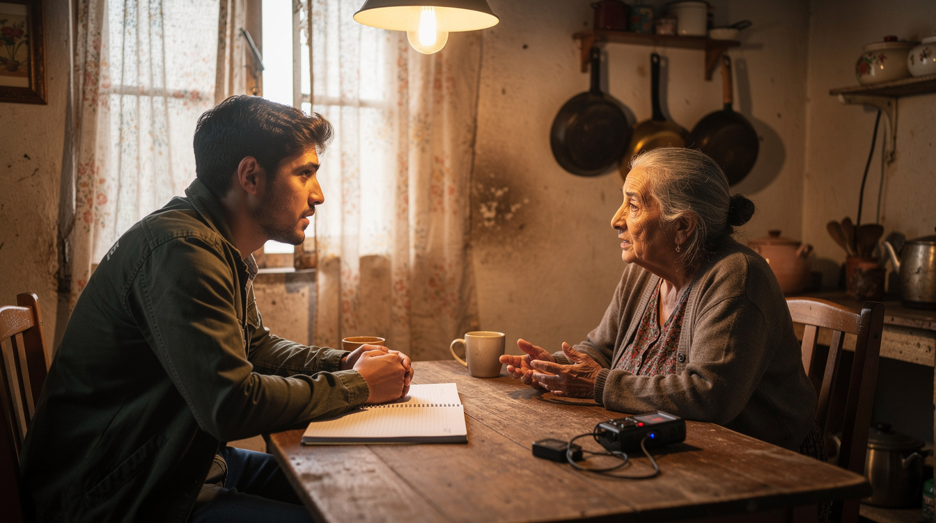 Photographer interviewing an elderly woman in a rural home