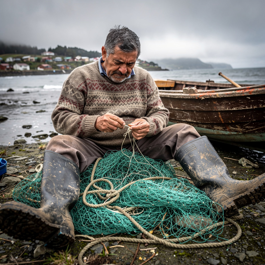 Fisherman mending nets in a Chiloé fishing village